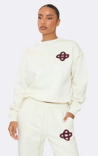 Long Sleeve Crew Neck Fluffy Swirl Graphic Detail Sweatshirt In Cream