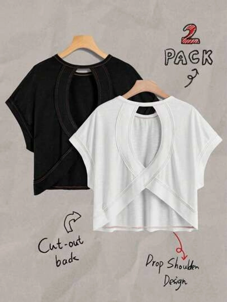 SHEIN Essnce 2pcs Women Casual Round Neck Backless Batwing Sleeve T-Shirt Set, Vintage Retro Style, Suitable For Summer Vacation, Sexy, Cute, Y2K Coconutgirl, Boho, Music Festival