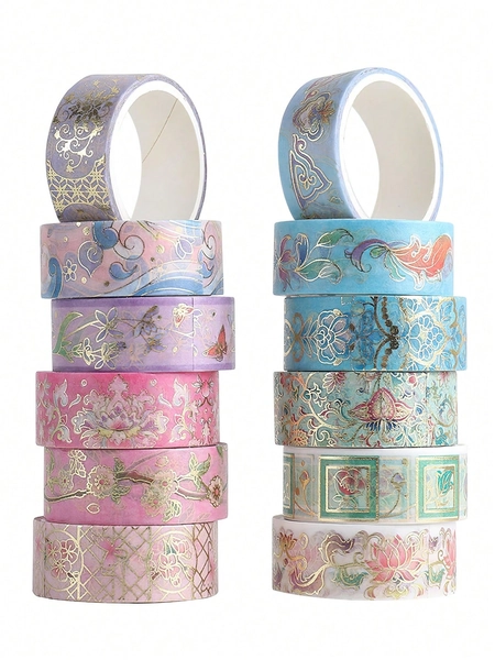 12pcs Blooming Flower Washi Tapes Set, Golden Foil Floral Masking Tape, 6.5ft Each 0.59in Wide, Adhesive Decoration Stickers For Scrapbooking, Bullet Journals & DIY Crafts