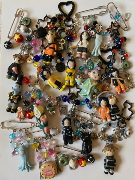 Coraline movie  inspired  ceramic handmade keychains and pins ,coraline and wybie doll