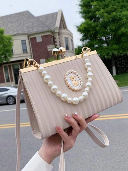 Quiet Luxury Striped Argyle Princess Faux Pearl & Rhinestone Pearl Chain & Decor Faux Pearl Beaded Square Bag Kiss Lock For Party, Wedding, Prom And Dinner, Lipsticks, Women's Pearl Bag, For Women, Rookies & White-Collar Workers,For Teacher Gifts,For Lady,For Female With Metal Decor For Business/Commute/Work/Office,Gift Bag