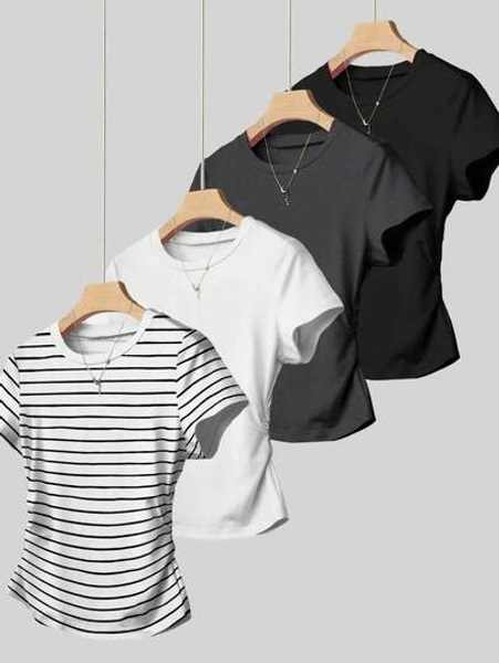 Women's Casual Ruched Waist T-Shirt, Versatile For Summer
