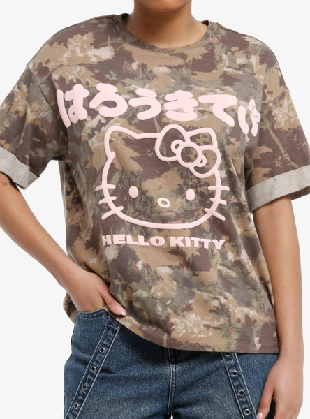 Hello Kitty Camo Pink Puff Print Boyfriend Fit Girls T-Shirt