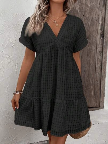 EMERY ROSE Solid Batwing Sleeve Ruffle Hem Smock Dress