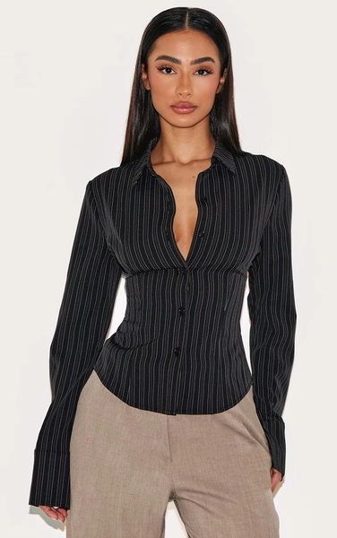 Petite Black Striped Long Sleeve Fitted Shirt