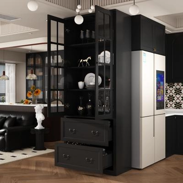 78.7" Combo Buffet Bookcase Storage Cabinet Glass Bookshelf Display
