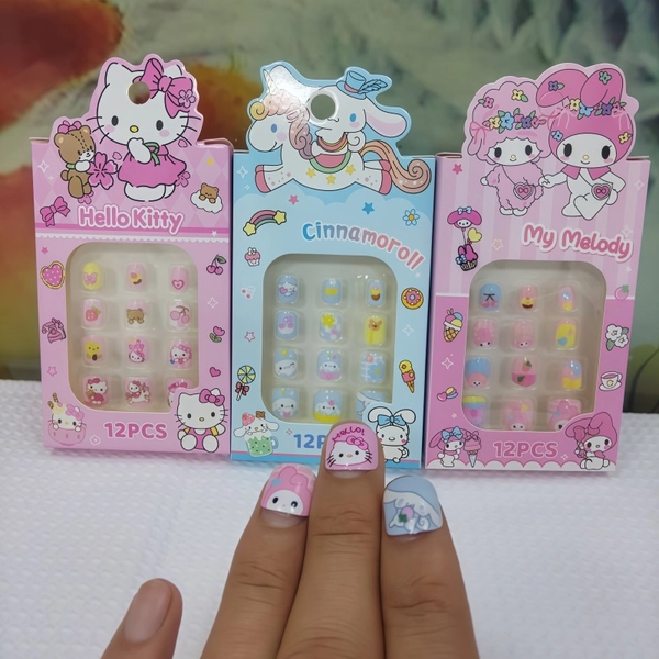 3-Box/Set Sanrio Press-On Nail Kit, Featuring Lucky Hello Kitty, My Melody, and  Exquisite Nail Stickers - Full-coverage Short Square Oval-shaped False Nail Stickers, 12pcs/box * 3 Boxes = 36 Nail Stickers. Suitable for At-home Manicures
