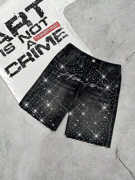 SHEIN Tween Boy Fashion Casual Y2k Vintage Cool Sparkling Letter Rhinestone Design Black Loose Denim Shorts For Kids Clothes Boy Soft Dailywear And Kids Fall And Autumn Or Winter Clothes Back To School Homecoming Rave Outfits Festival And Beach Outfits Streetwear School Clothes Rhinestone Shorts Sparkly Denim Shorts