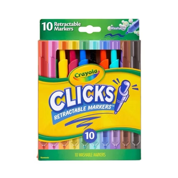 Crayola Clicks Retractable Tip Markers, 10ct, Stocking Stuffers for Kids and Teens, No Dry Washable Marker Set, Coloring Supplies, Holiday Gift 3+