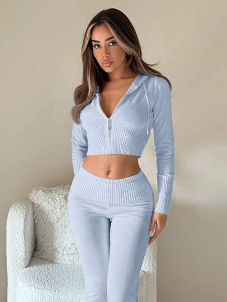 SHEIN ICON 2pcs Set: Hooded Zip-Up Cardigan And High Waist Ruched Flared Pants In Fall/Winter