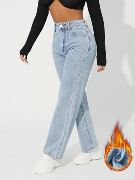 SHEIN PETITE Women's Simple Front Button Pocket Casual Denim JeansWarm Thanksgiving Outfit Christmas Outfit Women Thickened Denim