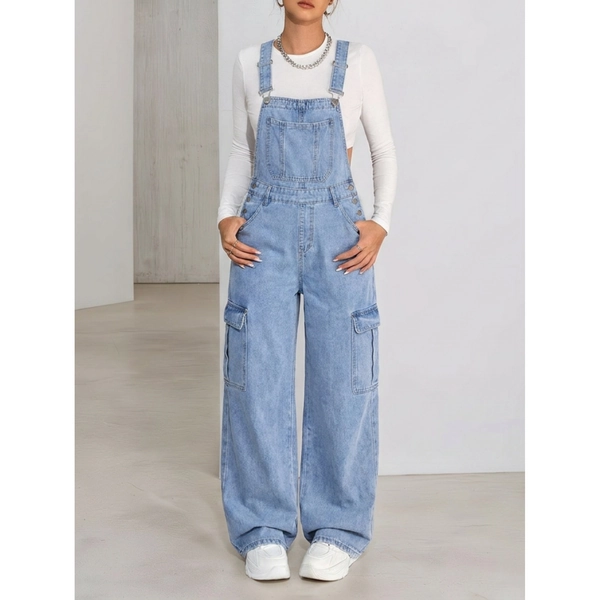 Ladies' Blue Denim Overalls with Adjustable Shoulder Straps, Workwear, Multiple Pockets, Loose Straight Tube, Casual And Versatile, Suitable for All Seasons, Daily Home, Travel And Outdoor Wear