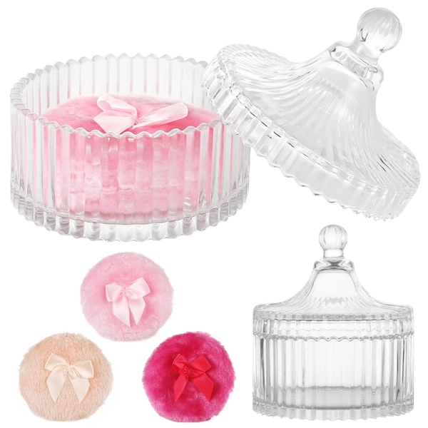 Glass Dusting Powder Container Set, Powder Container with 3 Large Body Powder Puffs, Crystal Glass Jar with Lid & Decorative Ribbon Bow Puffs, Washable Powder Makeup Tools