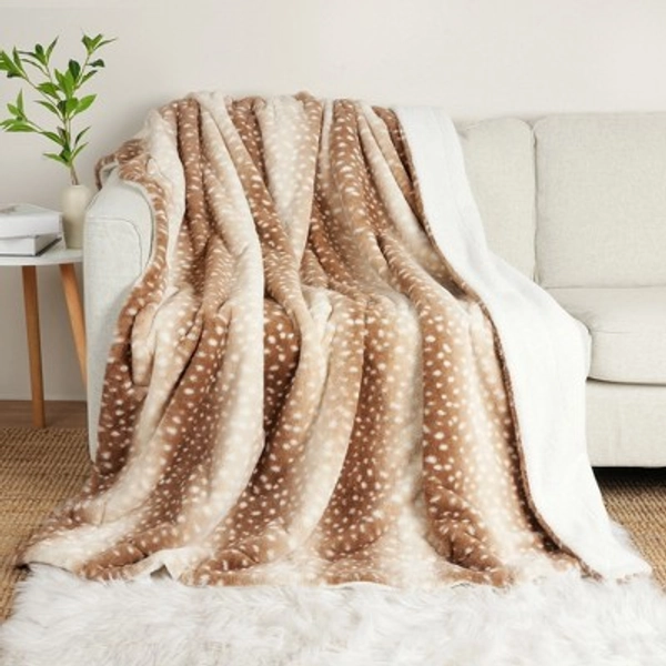 Cozy Bliss Faux Fur Throw Blankets Soft Animal Print Blanket for Couch Bed, 50*60 inches, Brown Deer-stripe
