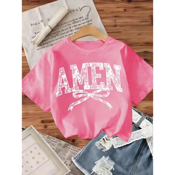 [Easter T-Shirt] AMEN' Bow Print Short-Sleeved T-Shirt for Girls, Christian-Style Round Neck Short-Sleeved T-Shirt for Toddlers, Fashionable Design and Exquisite Workmanship, a Perfect Choice for Summer, Easter T-Shirt, Girls' Clothing