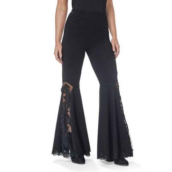 Bel Canto Lace Applique Flare Pants, Sheer Mesh Panels, Long and Lean in Black size X-Small by The Pyramid Collection