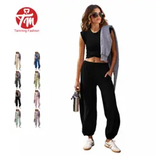 Tanming Women's 2-Piece Summer Sweatsuit Set Outfit, Cross-front cropped T-shirt and loose-fit cuffed sweatpants with two pockets, Versatile Activewear for commuting & outdoor activitie