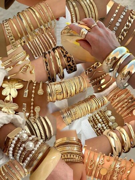 25/22/20/15/5pcs Vintage, Elegant, Multi-Piece Stackable Flower, Pearl, Heart, Geometric, Leopard Print, Round Bead, Chain Texture, Rhinestone, Braided, Smooth, Snake Bone, Beaded, Twisted, Multi-Layer, Minimalist, Smooth Plain Bangle Bracelet Set, Fashion, Simple, Graceful, Delicate, Retro, Punk Design, Suitable For Holiday, Party, Date, Gift, Daily Wear