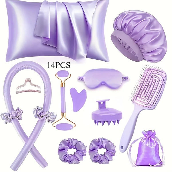 14pcs Sleep Hair Styling Tool Set Includes curlers and facial massagers, 1 pillowcase Heat-free curling kit, curlers, 1 sleep mask, 2 facial massagers, 1 head massage brush Women's sleep cap for head and facial care 1 openwork comb An exquisite gi