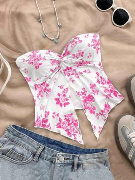 Soleia Women's Floral Print Sleeveless Midriff-Baring Crop Top With Front Slit, Comfortable Chiffon Blouse For Vacation, Suitable For Afternoon Tea, Graduation, And Winter Layering