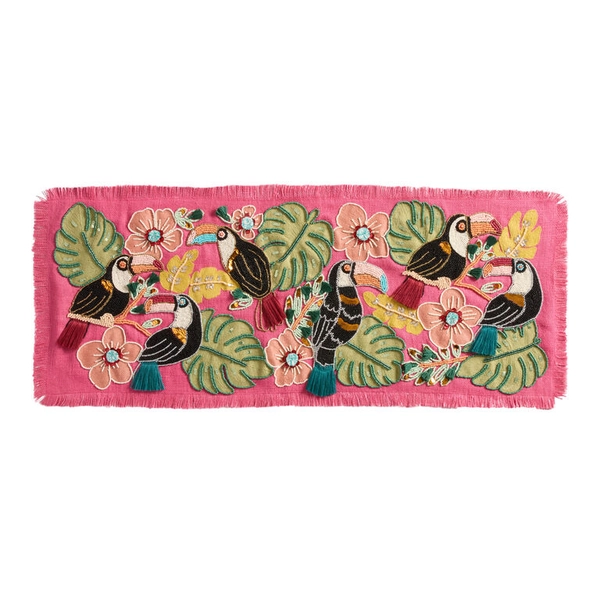 Hot Pink Jute Tropical Toucan Beaded Embroidered Table Runner