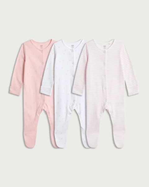 F&F Baby 3-Pack Pure Cotton Long Sleeved Sleepsuits in Pink