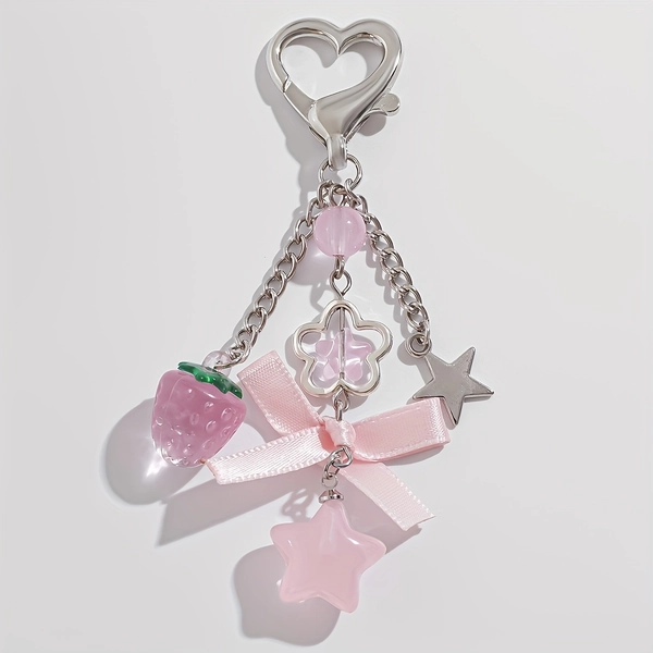 [1pc Strawberry Keychain] 1pc Adorable Strawberry Heart-Shaped Keychain with Bow | Pearl-Embellished, Alloy Construction, Cute Design | Ideal for Graduation & Friendship Gifts, Perfect for Bags, Backpacks, and Car Key Accessories