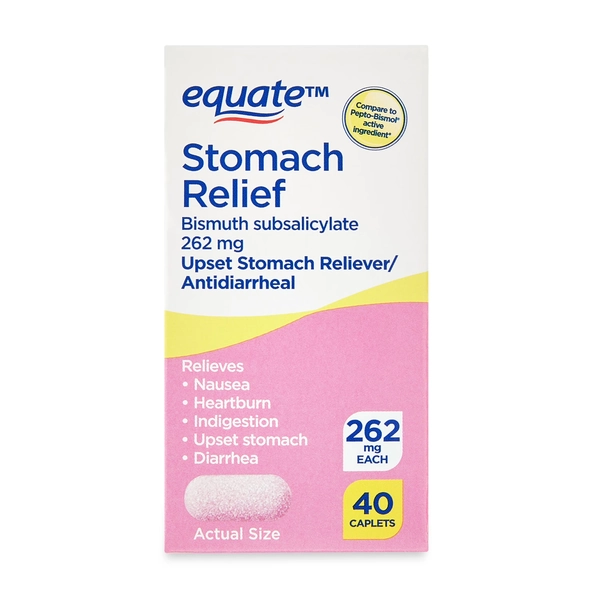 Equate Bismuth Subsalicylate Upset Stomach and Diarrhea Relief Caplets, 262mg, 40 Count HSA/FSA Eligible - Walmart.com