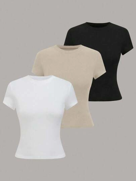 GlowEve Women Casual Versatile Solid Color T-Shirt, Short Sleeve Top For Summer
