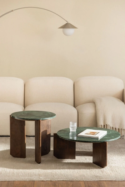 Ensemble de 2 tables basses rondes en pierre naturelle et bois de manguier Lavinia