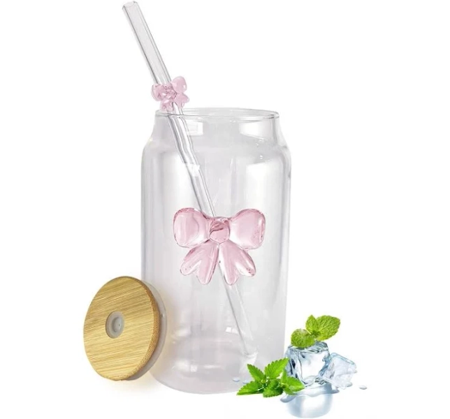Aesthetic 3d Pink Bow Glass Cup With Lid & Straw 16oz Bows Coffee Cups Tumbler For Iced Coffee/matcha With1cleaning Brush Girly Stuff/birthday