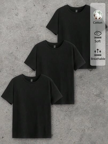 SHEIN Essnce 3pcs Casual Women Cotton T-Shirt Set, Black Round Neck Short Sleeve Pullover, Basic Summer Style Suitable For Going Out