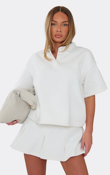 Short Sleeve Polo Collar Detail Sweatshirt In White