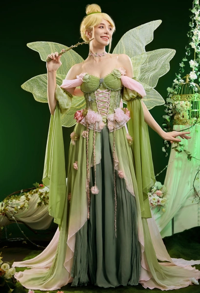 Tinker Bell Derivative Spring Flower Goddess Fantasy Dress Flower Embellished Gradient Waist-cinching Dress with Sleeves and Ribbon