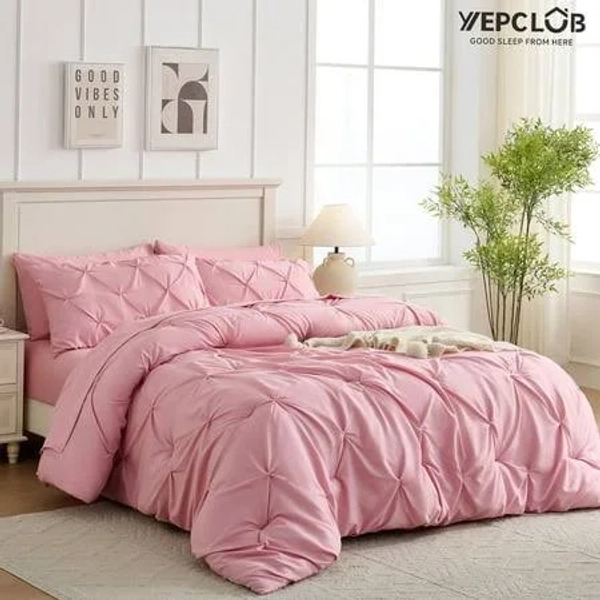 Yepclub Pink Queen Size Pintuck 7-Piece Comforter Set, Pinch Pleat Bed in a Bag, All Season Down Alternative Bedding Set with Comforter, Sheets,