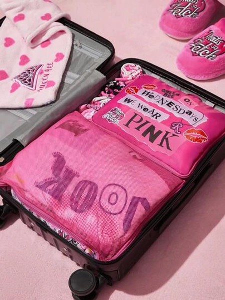 Mean Girls X SHEIN 2pcs Cute Letter Graphic Polyester Travel Storage Bags, Mesh Surface, Categorized Storage, Multiple Sizes Available, Suitable For Various Bag Sizes, Great For Short Trips, Long Trips, Daily Home Organization, Suitable For Boys, Girls, Men, Women And Students