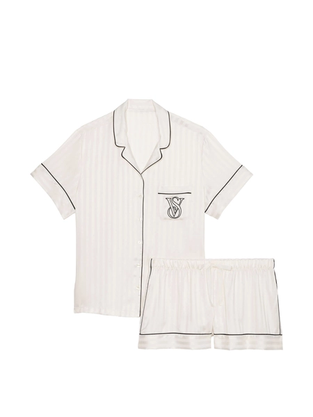 White Logo Stripe Satin Short Pyjama Set; Color- White; Size- S
