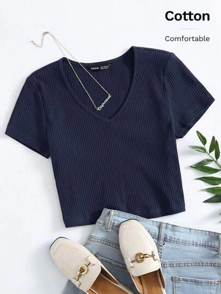 SHEIN EZwear Women's Solid V-Neck Short Sleeve Casual Top, Simple & Everyday Wear