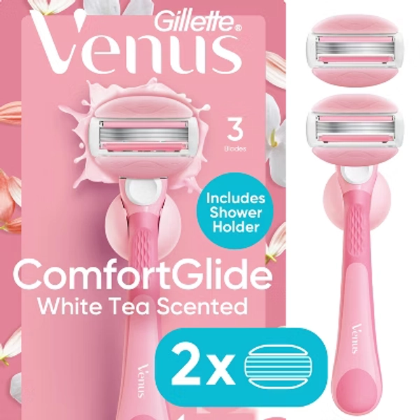 Venus ComfortGlide White Tea Women's Razor Handle, 2 Razor Blade Refills and Shower Holder