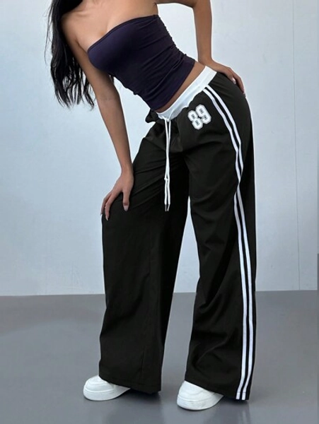Aloruh Women's Low Waist Straight Leg Sports Style Striped Color Block Printed Pants With Drawstring