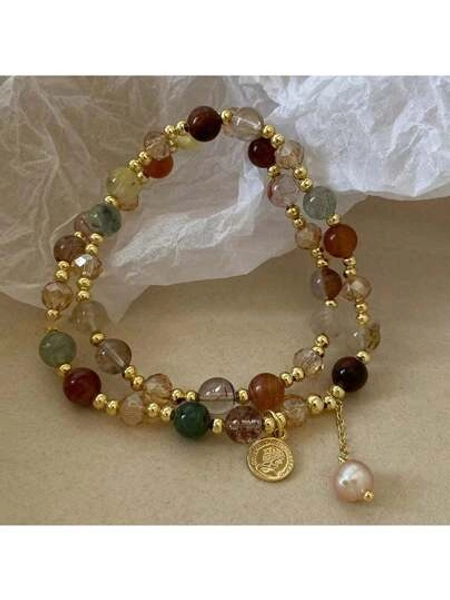 1pc Vintage Double-Layer Crystal Pearl Beads Bracelet, Suitable For Women's Daily Wear (Random Pearl Color)