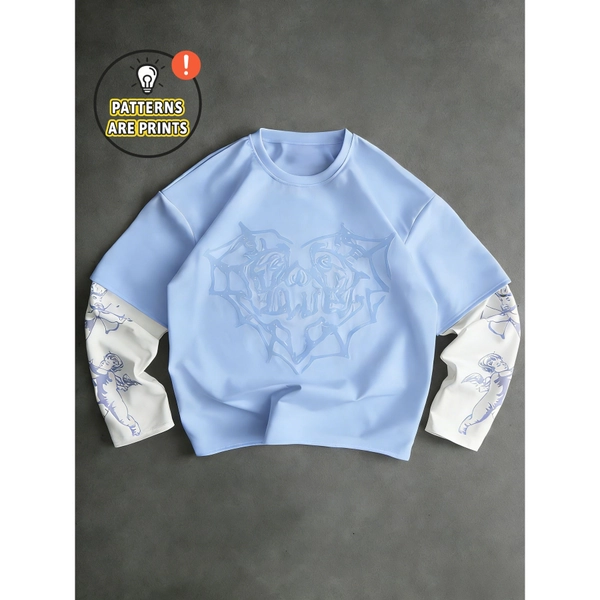 Popular Light Blue Polyester Fiber Sweatshirt Featuring a Two-Piece Design with Angel Prints And Heart-Shaped Patterns, Suitable for Both Men And Women, Embodying Millennium Aesthetics in Streetwear for a Relaxed Autumn And Winter Look