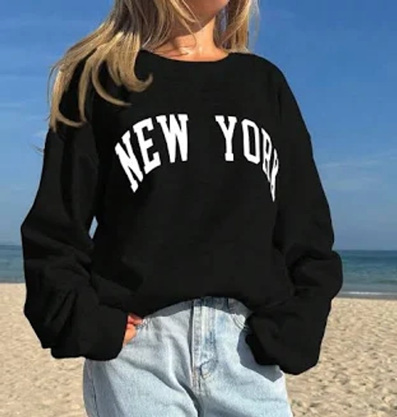 Girls SHEIN Casual Minimalist Classic "NEW YORK" Graphic Print Loose Fit Thick Crew Neck Long Sleeve Hoodie Sweatshirt