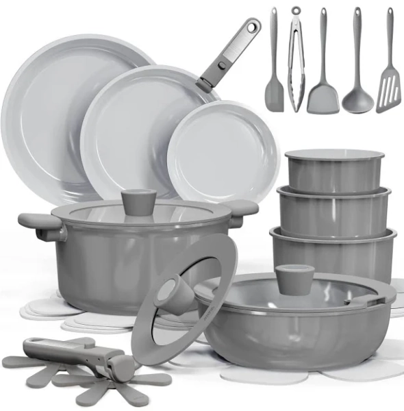 CAROTE 27pcs Ceramic Cookware Set Nonstick, Pots and Pans Set Non stick, Non Toxic Cookware, Dishwasher/Oven Safe, RV/Camping Cookware Set, Pan and