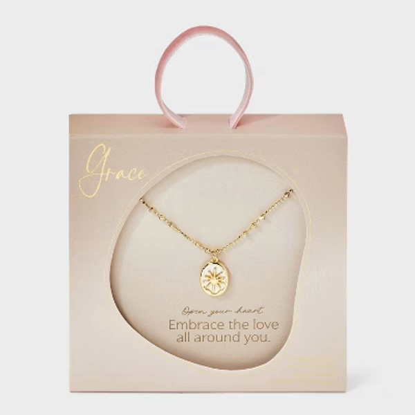 14K Gold Dipped Mother of Pearl Oval with Heart Pendant Necklace - Gold/Ivory