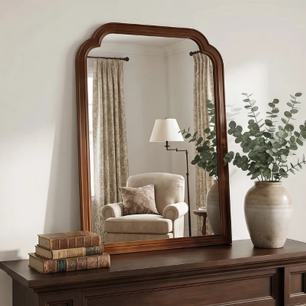 GDFStudio Orvina French Country Rounded Corner Decorative Mirror, Walnut Wood, 24"x36"