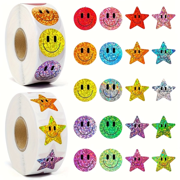 500pcs (rolls) Holographic Star joyful Face Stickers - PVC Glossy Round Circle Emoticon Decals for Wedding, Party, Scrapbooking, Journals, Gift Wrapping, Sealing Labels - Holo-Stickers