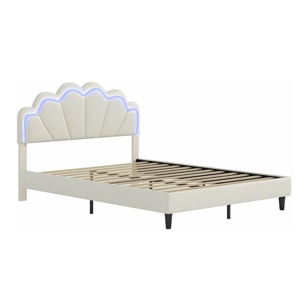 Wooden Led Bed Frame Double Metal Platform Mattress Base Headboard Foundation Bedroom Furniture Sleep Upholstered PU Bedhead White
