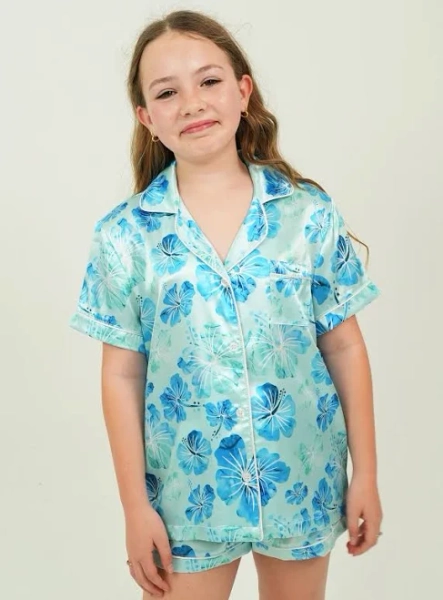 Girl's Aqua Hibiscus Satin Short Pajama Set
