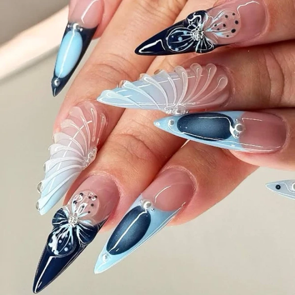 Blue French Tips Press on Nails 3D Curve Line Stick on Nails Long Stiletto 3D Flower Acrylic Fake Nails 24 Pcs Glossy Blue Gradient False Nails Pearl